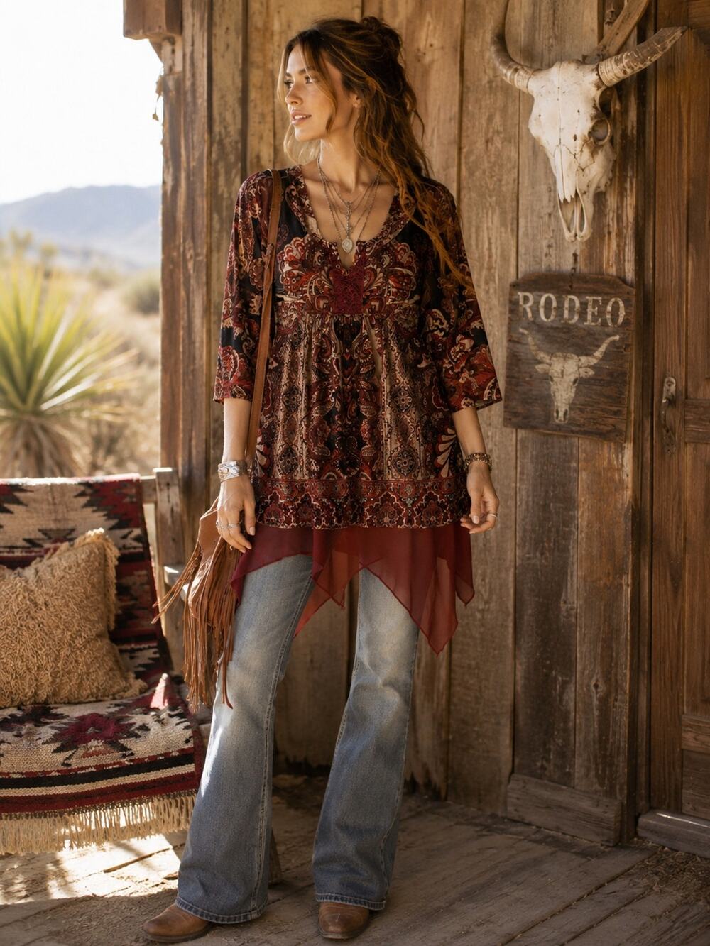 One World Boho Tunic Top Sz L Paisley Handkerchief Hem